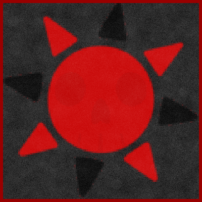 A red skull faced sun with a red border