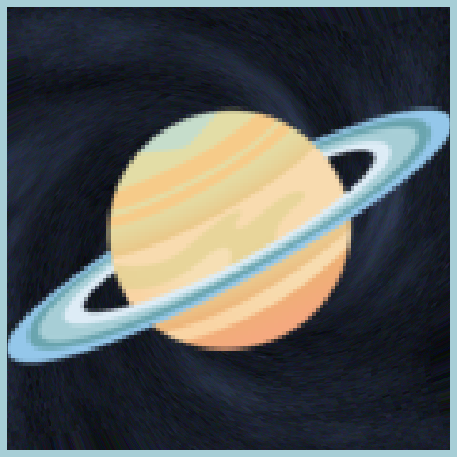 A ringed planet with a light blue border